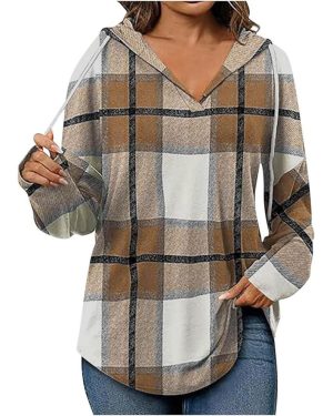 (S, khaki) Women 2025 Hoodies Long Sleeve Drawstring Plaid Hooded Pullover Sweaters Causl Loose Tunic Tops Fashion Clothes