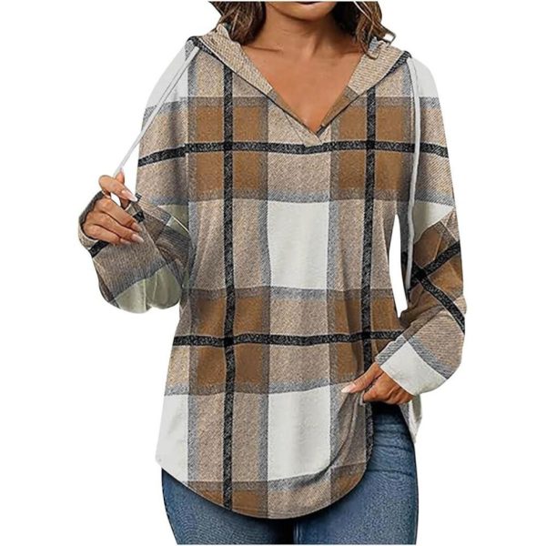 (S, khaki) Women 2025 Hoodies Long Sleeve Drawstring Plaid Hooded Pullover Sweaters Causl Loose Tunic Tops Fashion Clothes