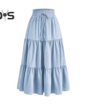 (S, light blue) Women Maxi Skirt Elastic Waist Adjustable Drawstring Ruffle Stitching Ankle Length Skirt Solid Color A-Line Breathable Long Skirt