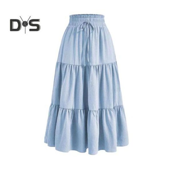 (S, light blue) Women Maxi Skirt Elastic Waist Adjustable Drawstring Ruffle Stitching Ankle Length Skirt Solid Color A-Line Breathable Long Skirt