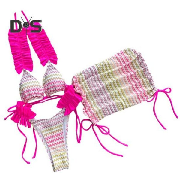 (S, red) 3 Pcs/Set Women Bikini Set Color Matching Lace-up Halter Neck Shirring Pleated Elastic Adjustable Quick Dry Soft Lady Bathing Suit Beachwear