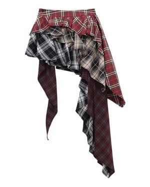 (S, red) Vintage Fashion Grunge Plaid A-line Skirts Summer Women High Street Sexy Slim Mini Skirt Asymmetrical Y2k Streetwear Clothes New