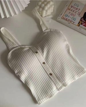 (S, white) Cute Sleeveless Cropped Tank Top Women's Crop Top Summer Korean Corset Top Camisole Knit Sexy Slim Vest Bra Tops Female Y2k