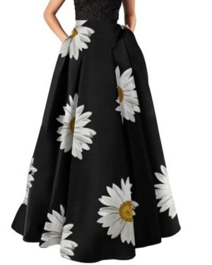 (S, white) Women Maxi Skirt High Waist A-line Big Swing Flower Print Zipper Half-opening Soft Bohemian Loose Party Prom Beach Skirt