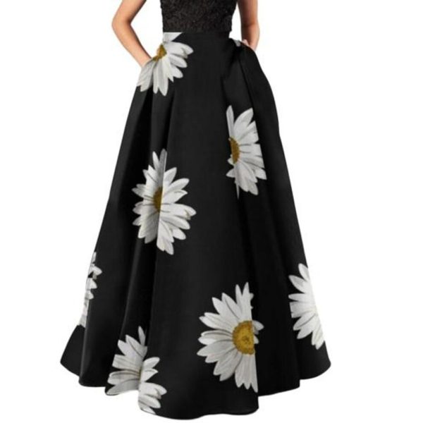(S, white) Women Maxi Skirt High Waist A-line Big Swing Flower Print Zipper Half-opening Soft Bohemian Loose Party Prom Beach Skirt
