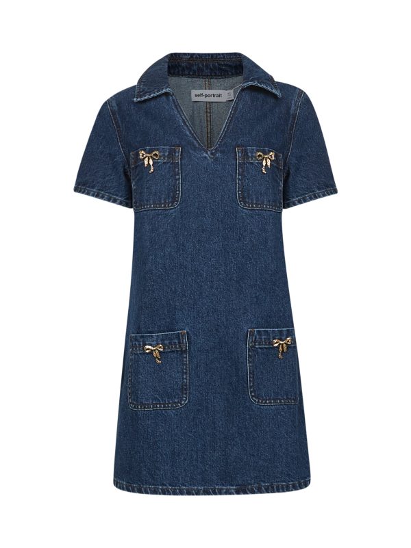 SELF PORTRAIT | Blue denim gold bow mini dress | Women | 6