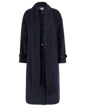 SEMICOUTURE Blue Single-breasted Long Coat With Scarf In Wool Blend Woman