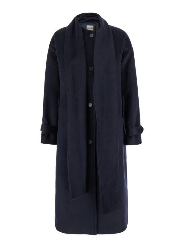 SEMICOUTURE Blue Single-breasted Long Coat With Scarf In Wool Blend Woman