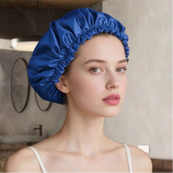 SHEONLY Adjustable Double Layer Satin Sleep Cap - Navy Blue,Sky Blue
