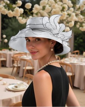 SHEONLY Floral Organza Wide-brim Sun Hat - White