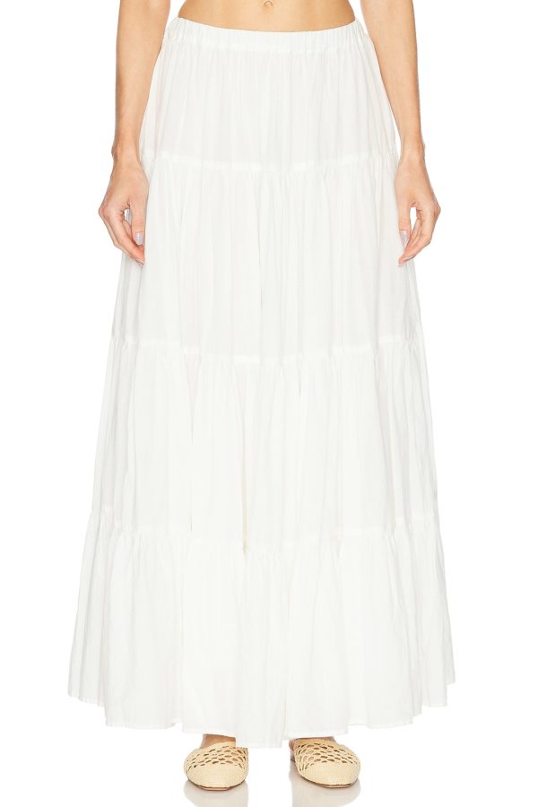 SPRWMN Shirred Ruffle Tiered Skirt in White - White. Size L (also in M, S, XS).