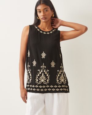 Saffron Embroidered Tank Top Black