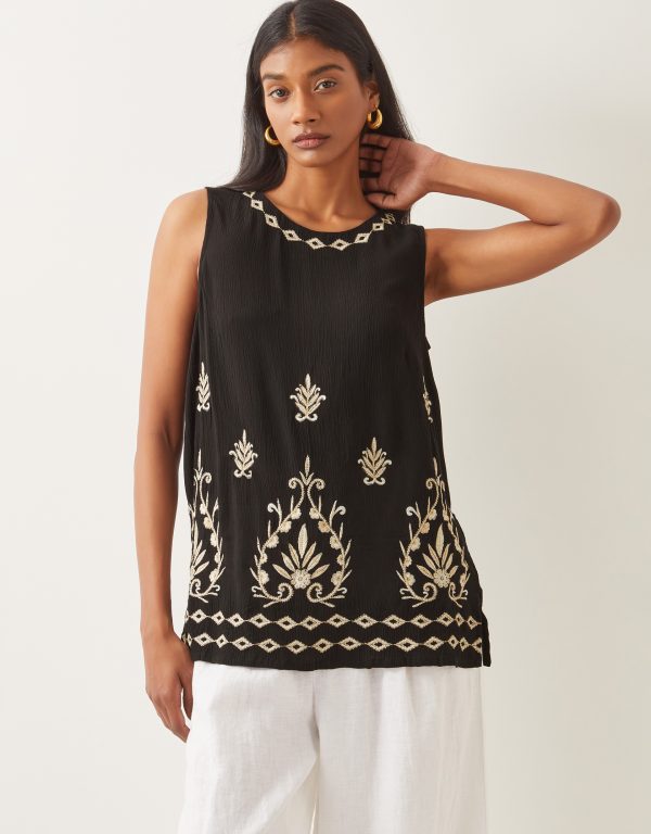 Saffron Embroidered Tank Top Black