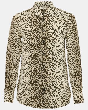 Saint Laurent Beige Leopard Print Silk Long Sleeve Shirt S