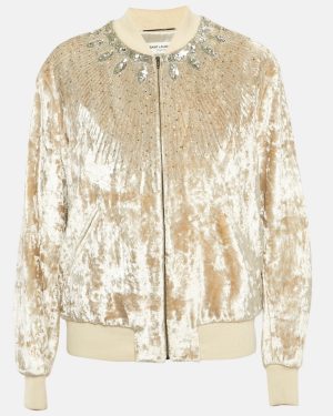 Saint Laurent Beige Lurex Velvet Embellished Bomber Jacket XXL