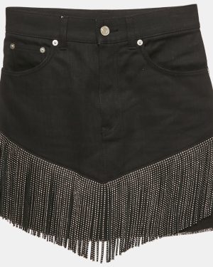 Saint Laurent Black Studded Leather Fringe Trim Denim Skirt S Waist 27"