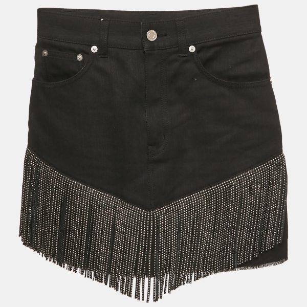 Saint Laurent Black Studded Leather Fringe Trim Denim Skirt S Waist 27"