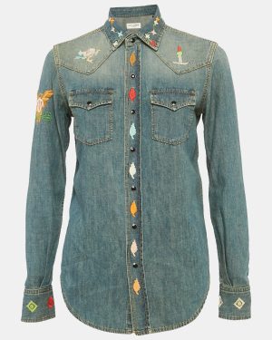Saint Laurent Blue Embroidered Denim Button Front Blouse S