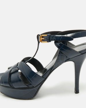 Saint Laurent Dark Blue Croc Embossed Leather Tribute Ankle Strap Sandals Size 37