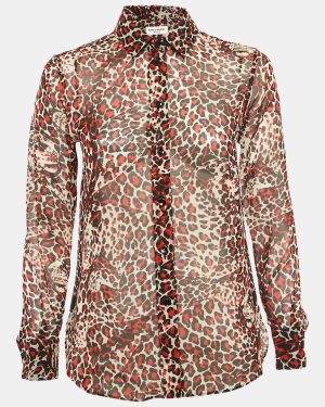 Saint Laurent Red Leopard Print Silk Sheer Shirt S