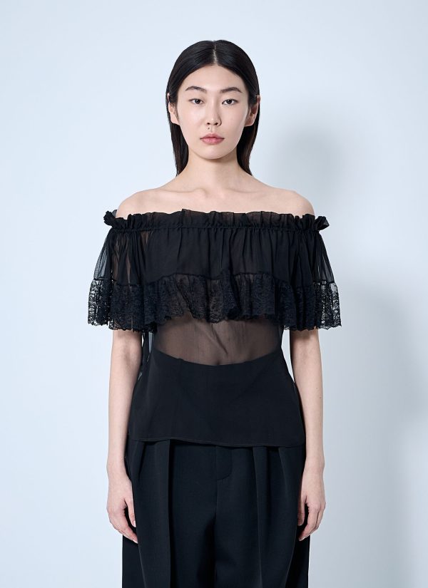 Saint Laurent Silk Crepe Muslin And Lace Blouse - Woman Tops Black Fr - 36