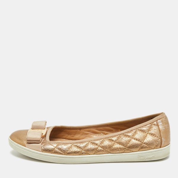 Salvatore Ferragamo Gold Quilted Leather Varina Ballet Flats Size 37.5