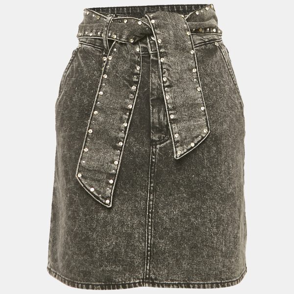 Sandro Black Denim Stud Detail Belted Mini Skirt S