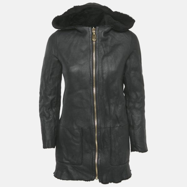 Sandro Black Shearling & Leather Reversible Hooded Jacket S