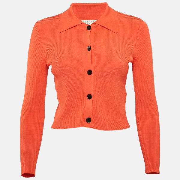 Sandro Red Rib Knit Button Front Crop Top S