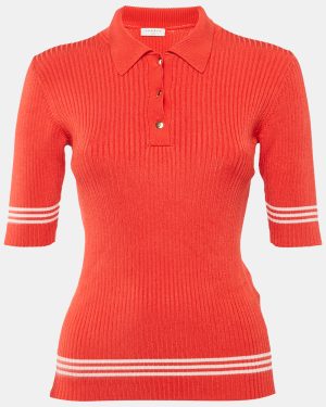 Sandro Red Rib Knit Short Sleeve Polo Top M