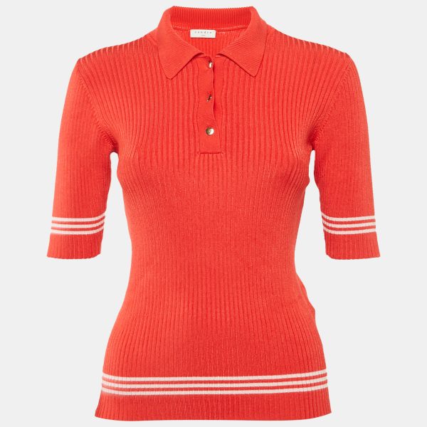 Sandro Red Rib Knit Short Sleeve Polo Top M