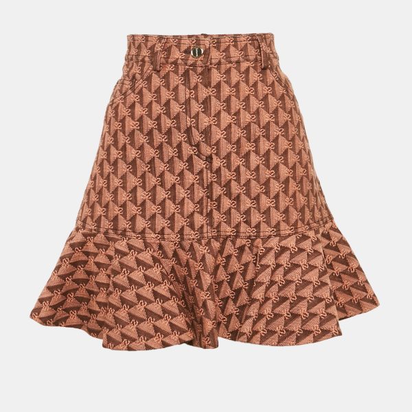 Sandro Salmon Pink Monogram Detail Denim Ruffled Hem Mini Skirt M