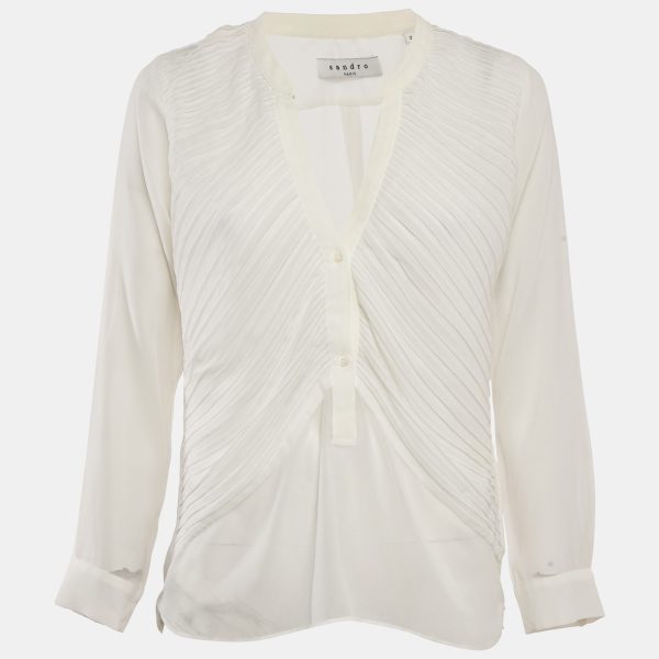 Sandro White Chiffon Pleated Blouse M