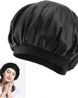 Satin Beanie. Women's Adjustable Wide Band Elastic Band Satin Night Hat Sleep Cap Black