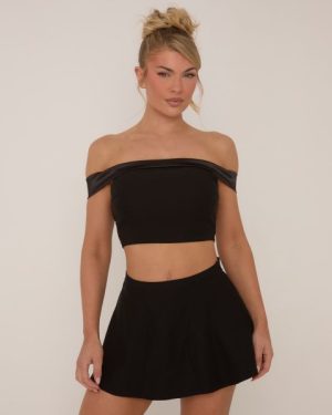 Satin Fold Over Bardot Top In Black, Women's Size UK 6