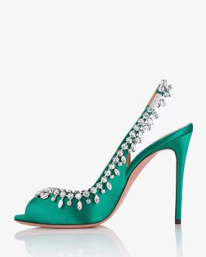 Satin Slingback Pumps Peep Toe Rhinestones High Heel Party Shoes