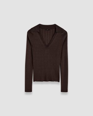 Satiny Rib Knit Polo Top - L