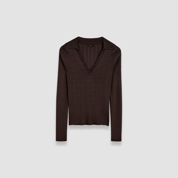 Satiny Rib Knit Polo Top - L