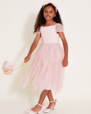 Scarlett Bardot Tulle Ruffle Dress Pink