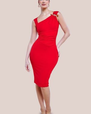 Scuba Crepe Asymmetric Neck Midi Dress - Red by Goddiva