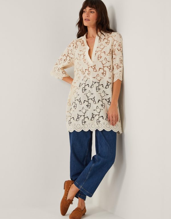 Selena Floral Lace Longline Tunic Top Ivory
