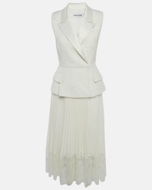 Self-Portrait Off White Tweed & Plisse Blazer Wrap Over Midi Dress S