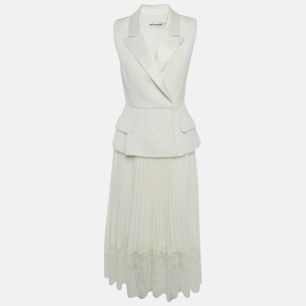 Self-Portrait Off White Tweed & Plisse Blazer Wrap Over Midi Dress S