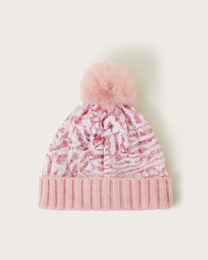 Sequin Animal Print Pom-Pom Beanie Pink