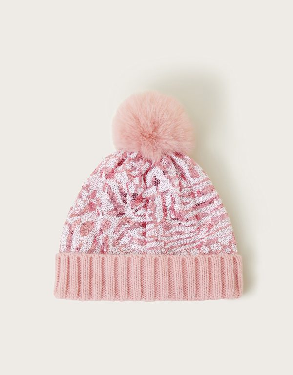 Sequin Animal Print Pom-Pom Beanie Pink