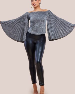 Sequin Lurex Bardot Pleated Sleeve Top - Silver by Goddiva