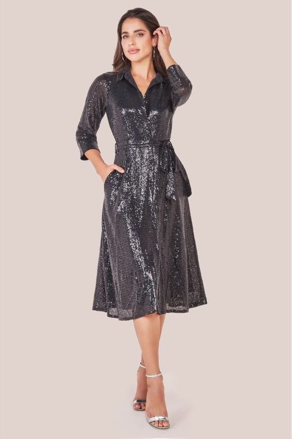 Sequin Skater Shirt Dress - Black by Goddiva