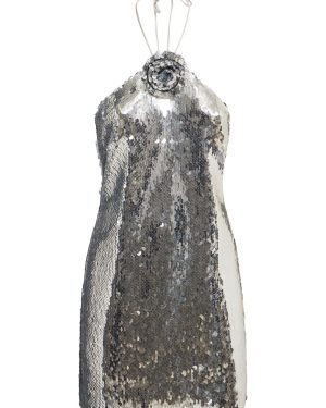 Sequined Halter Neck Mini Dress W/ Rose
