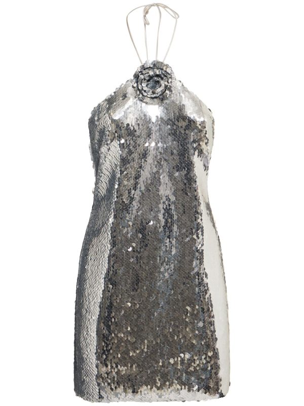 Sequined Halter Neck Mini Dress W/ Rose
