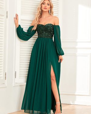 Sequins Off Shoulder Dress Backless High Slit Prom Cocktail Maxi Dresses